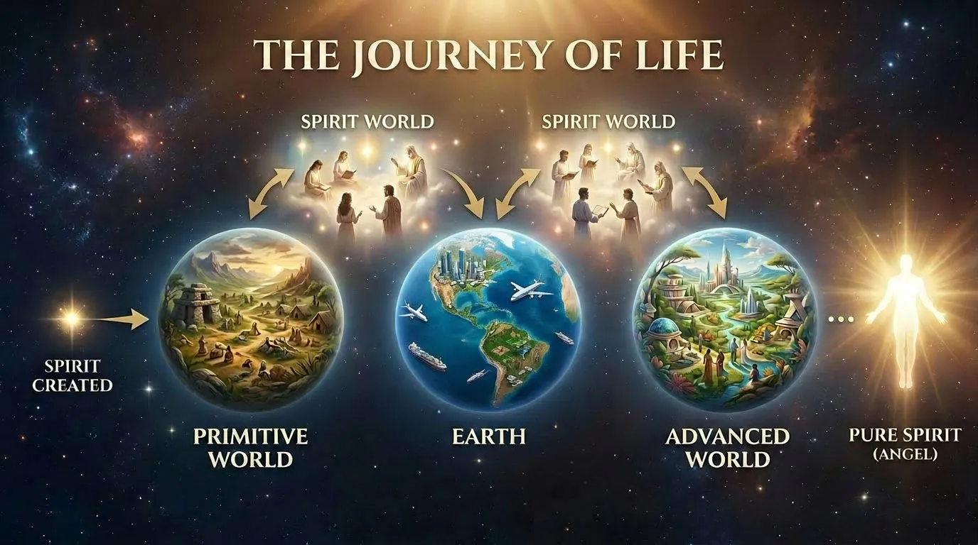 The journey of life from spirit creation through multiple worlds to purification